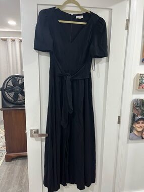 Calvin Klein Black V-Neck Tie-Waist Maxi Dress with Puff Sleeves